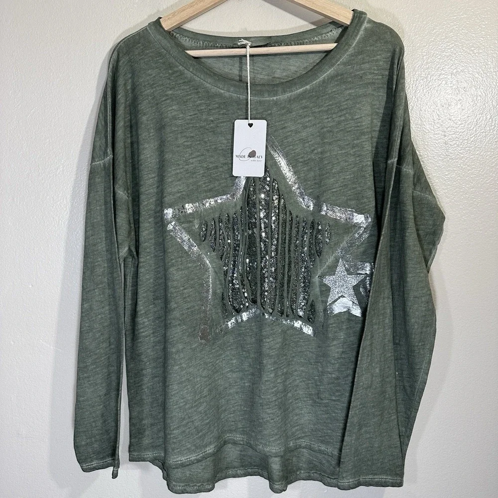MADE IN ITALY Women's L Big Star Crewneck Long Sleeve Top Green - Picture 1 of 7